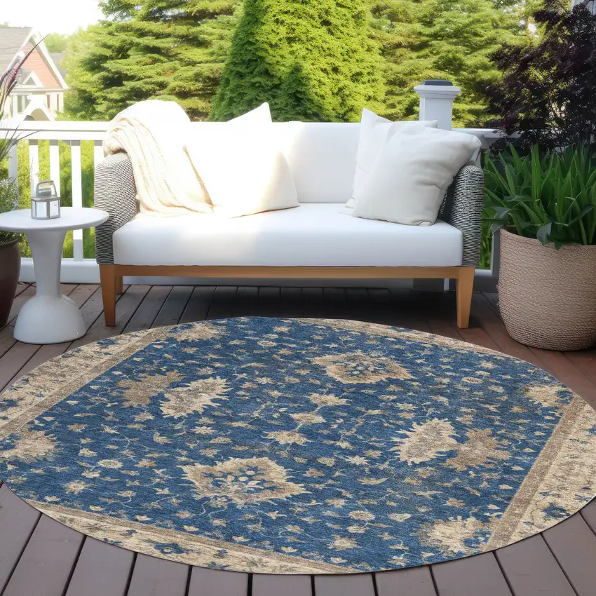 8' Navy Blue And Beige Round Floral Washable Indoor Outdoor Area Rug Photo 5