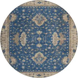 Photo of 8' Navy Blue And Beige Round Floral Washable Indoor Outdoor Area Rug