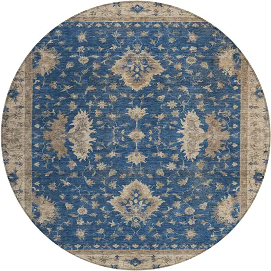 8' Navy Blue And Beige Round Floral Washable Indoor Outdoor Area Rug Photo 1