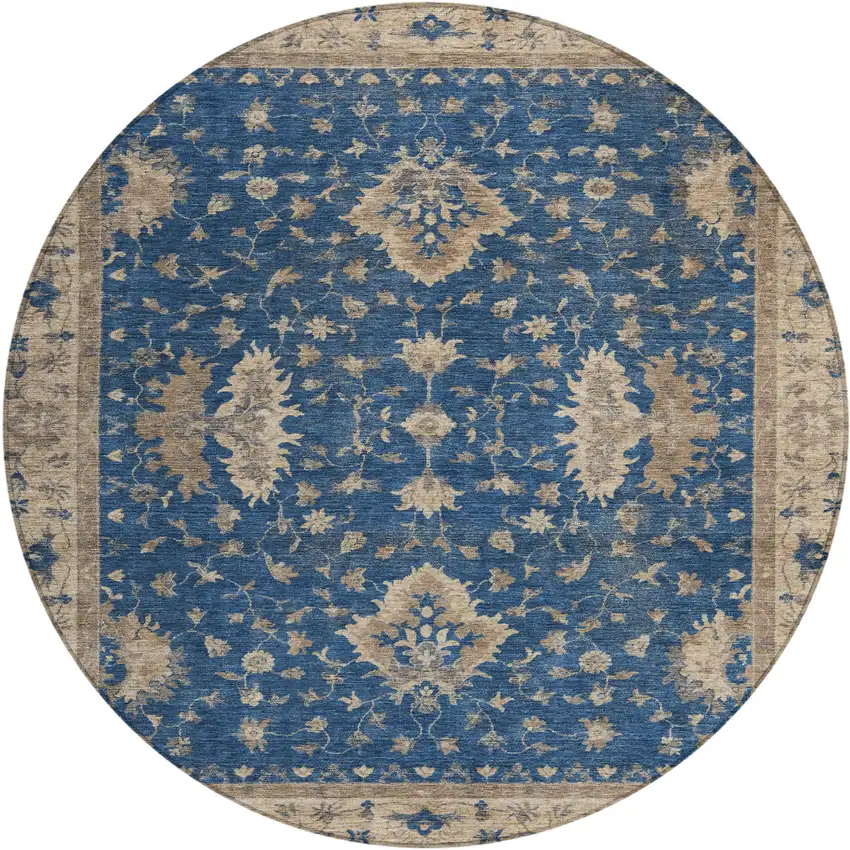 8' Navy Blue And Beige Round Floral Washable Indoor Outdoor Area Rug Photo 1