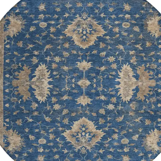 8' Navy Blue And Beige Round Floral Washable Indoor Outdoor Area Rug Photo 9