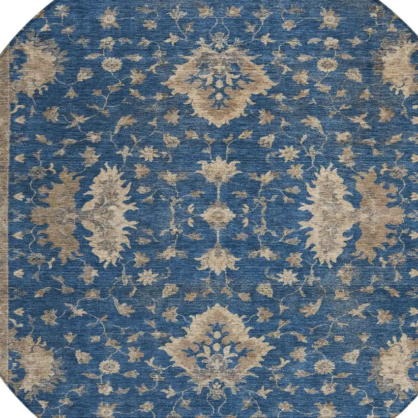 8' Navy Blue And Beige Round Floral Washable Indoor Outdoor Area Rug Photo 9