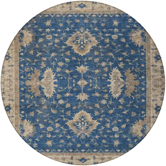 8' Navy Blue And Beige Round Floral Washable Indoor Outdoor Area Rug Photo 3