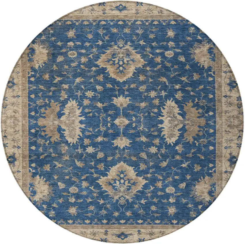 8' Navy Blue And Beige Round Floral Washable Indoor Outdoor Area Rug Photo 3
