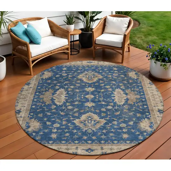 8' Navy Blue And Beige Round Floral Washable Indoor Outdoor Area Rug Photo 2