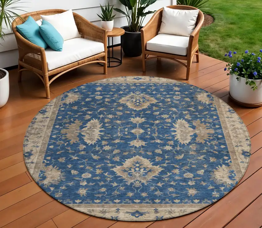 8' Navy Blue And Beige Round Floral Washable Indoor Outdoor Area Rug Photo 2