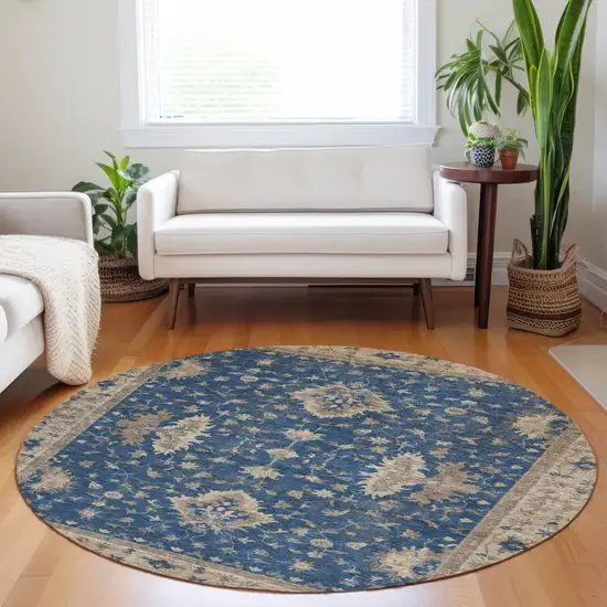 8' Navy Blue And Beige Round Floral Washable Indoor Outdoor Area Rug Photo 6