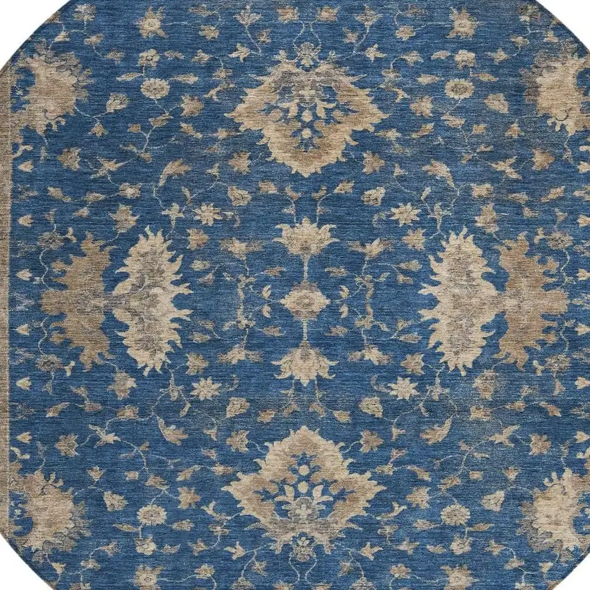 8' Navy Blue And Beige Round Floral Washable Indoor Outdoor Area Rug Photo 4