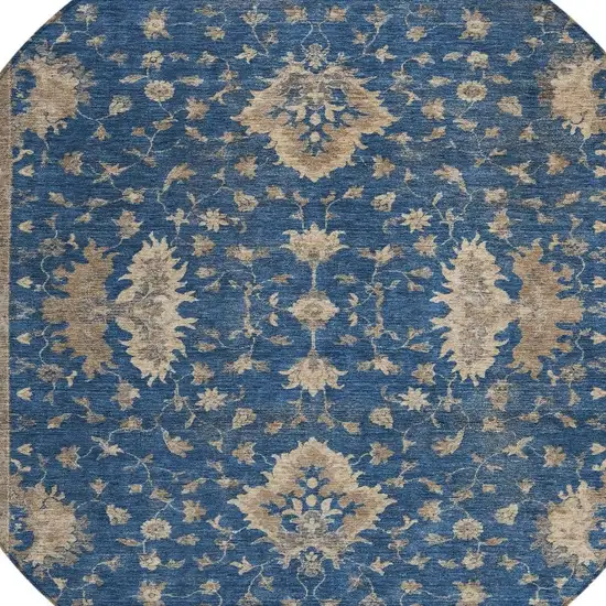 8' Navy Blue And Beige Round Floral Washable Indoor Outdoor Area Rug Photo 4