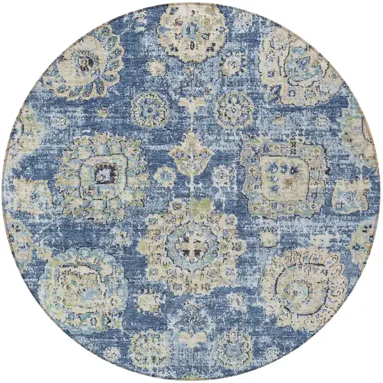 8' Navy Blue And Beige Round Floral Washable Indoor Outdoor Area Rug Photo 5