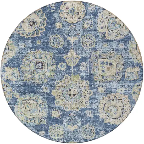 8' Navy Blue And Beige Round Floral Washable Indoor Outdoor Area Rug Photo 5