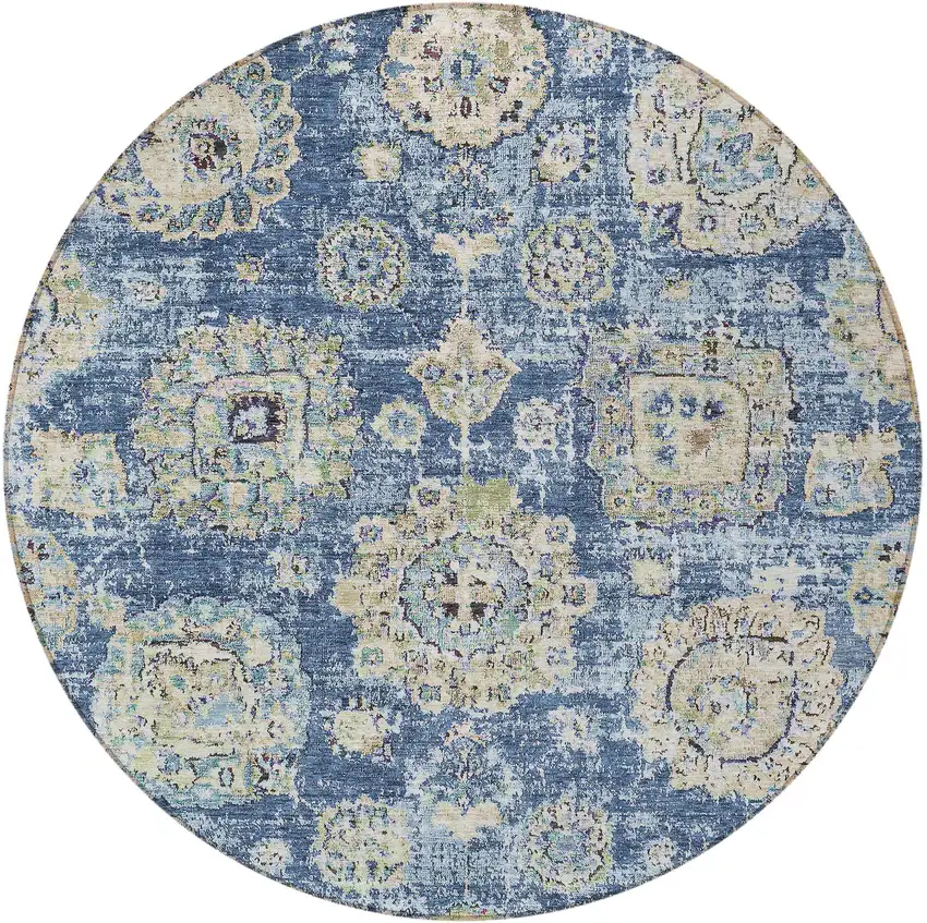 8' Navy Blue And Beige Round Floral Washable Indoor Outdoor Area Rug Photo 5