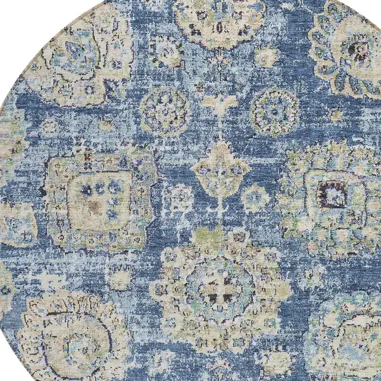 8' Navy Blue And Beige Round Floral Washable Indoor Outdoor Area Rug Photo 4