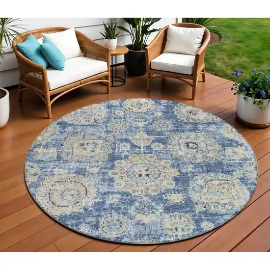 8' Navy Blue And Beige Round Floral Washable Indoor Outdoor Area Rug Photo 1