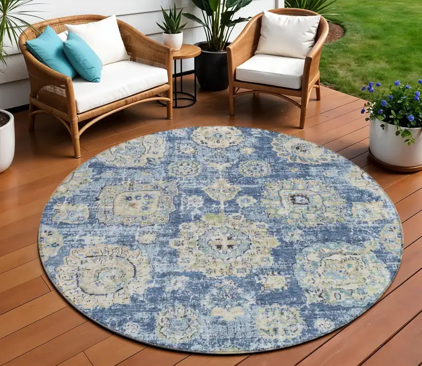 8' Navy Blue And Beige Round Floral Washable Indoor Outdoor Area Rug Photo 1