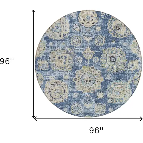 8' Navy Blue And Beige Round Floral Washable Indoor Outdoor Area Rug Photo 8