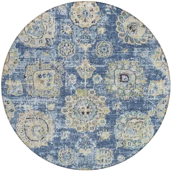 8' Navy Blue And Beige Round Floral Washable Indoor Outdoor Area Rug Photo 1
