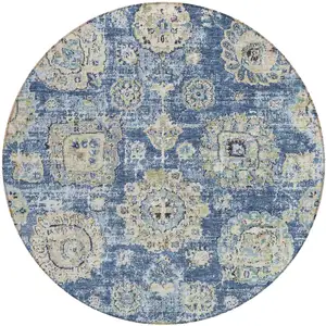 Photo of 8' Navy Blue And Beige Round Floral Washable Indoor Outdoor Area Rug