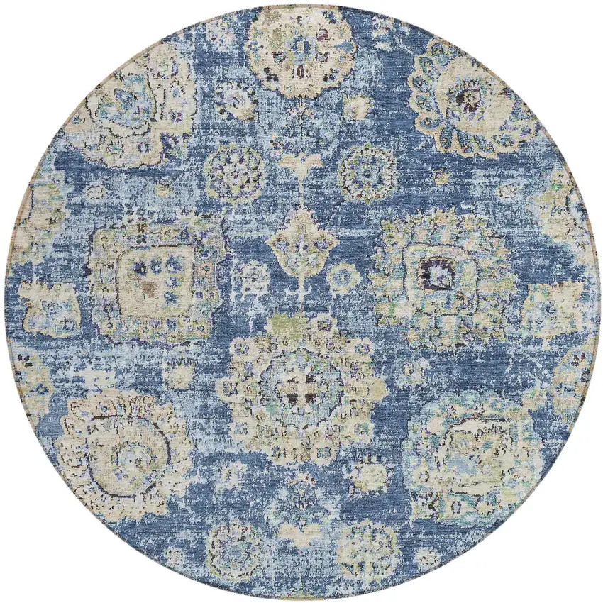 8' Navy Blue And Beige Round Floral Washable Indoor Outdoor Area Rug Photo 1