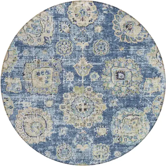 8' Navy Blue And Beige Round Floral Washable Indoor Outdoor Area Rug Photo 1
