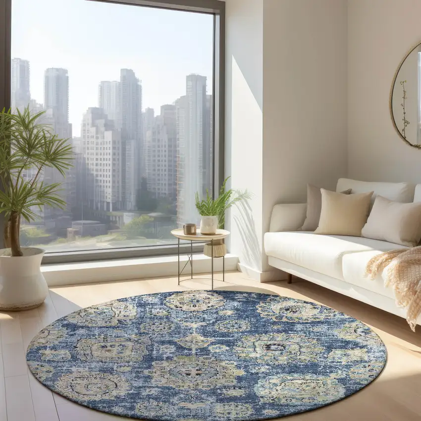 8' Navy Blue And Beige Round Floral Washable Indoor Outdoor Area Rug Photo 7