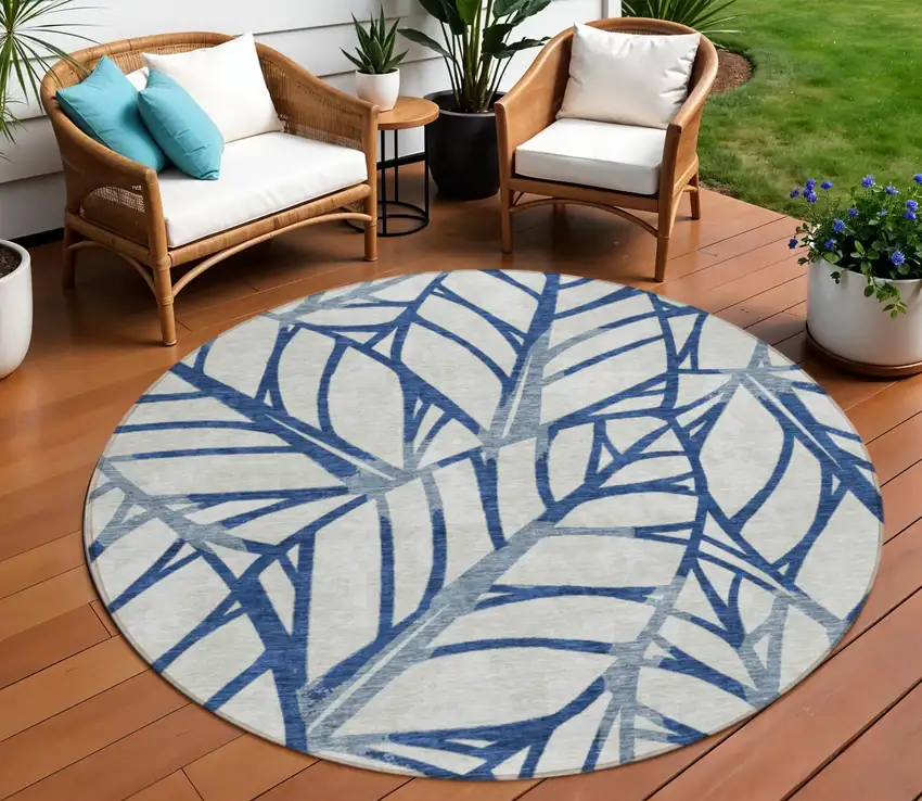8' Navy Blue And Beige Round Floral Washable Indoor Outdoor Area Rug Photo 1