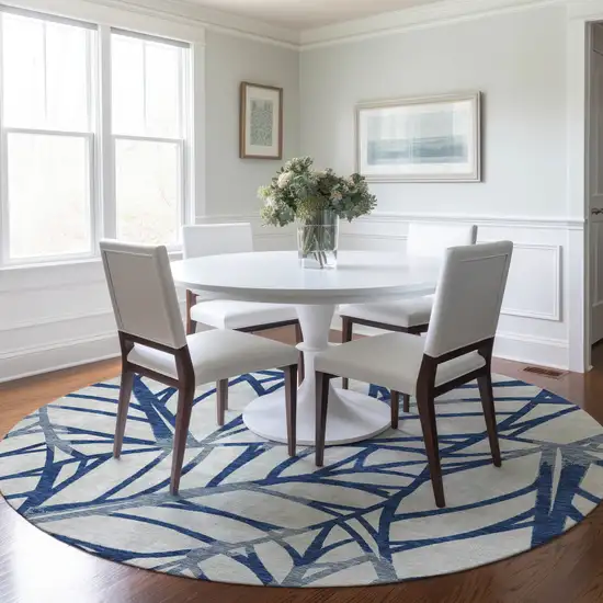8' Navy Blue And Beige Round Floral Washable Indoor Outdoor Area Rug Photo 7