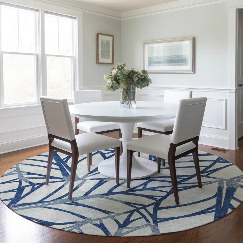 8' Navy Blue And Beige Round Floral Washable Indoor Outdoor Area Rug Photo 7