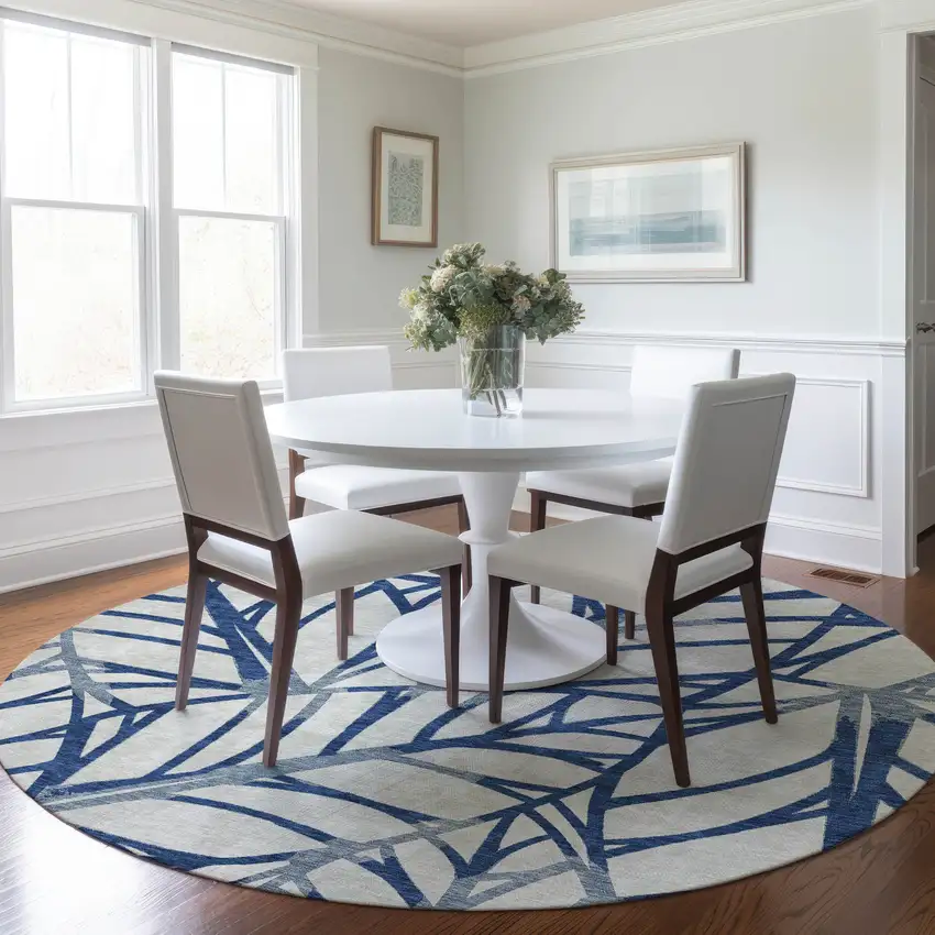 8' Navy Blue And Beige Round Floral Washable Indoor Outdoor Area Rug Photo 7
