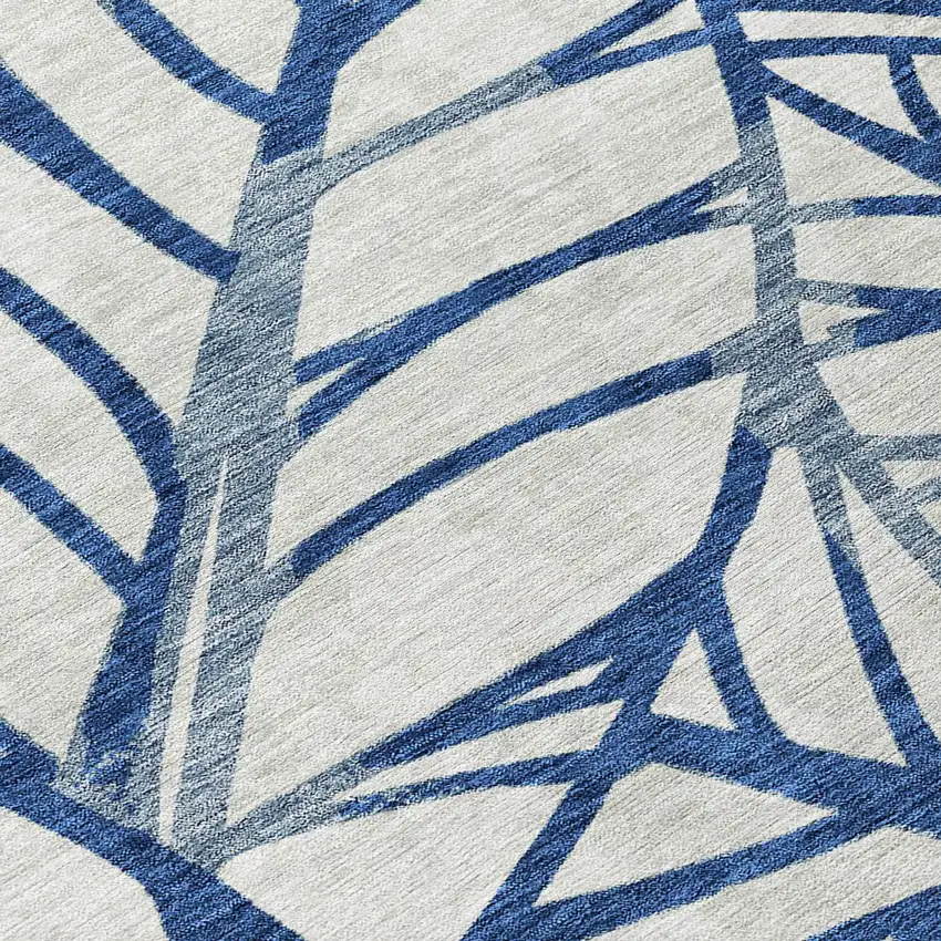 8' Navy Blue And Beige Round Floral Washable Indoor Outdoor Area Rug Photo 9