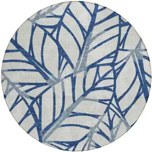 Photo of 8' Navy Blue And Beige Round Floral Washable Indoor Outdoor Area Rug
