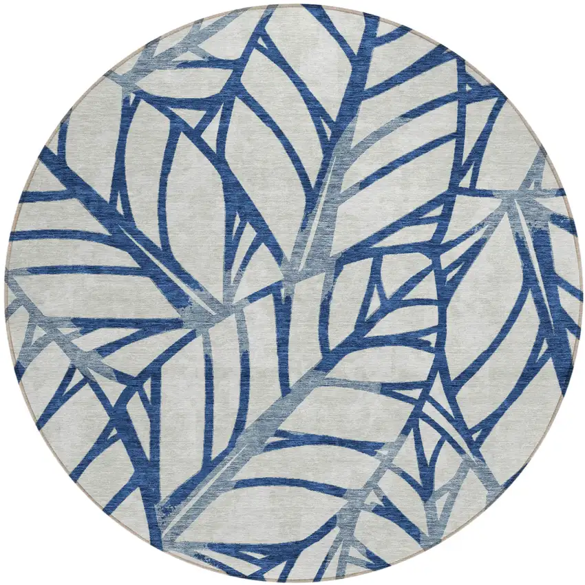 8' Navy Blue And Beige Round Floral Washable Indoor Outdoor Area Rug Photo 1