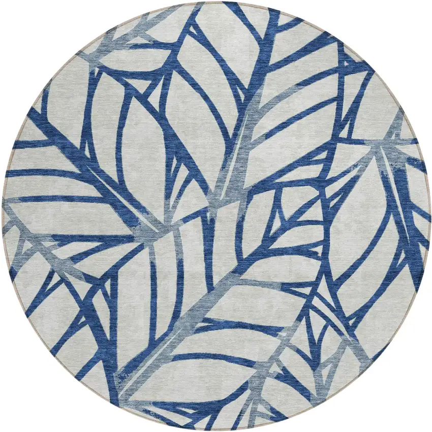 8' Navy Blue And Beige Round Floral Washable Indoor Outdoor Area Rug Photo 1