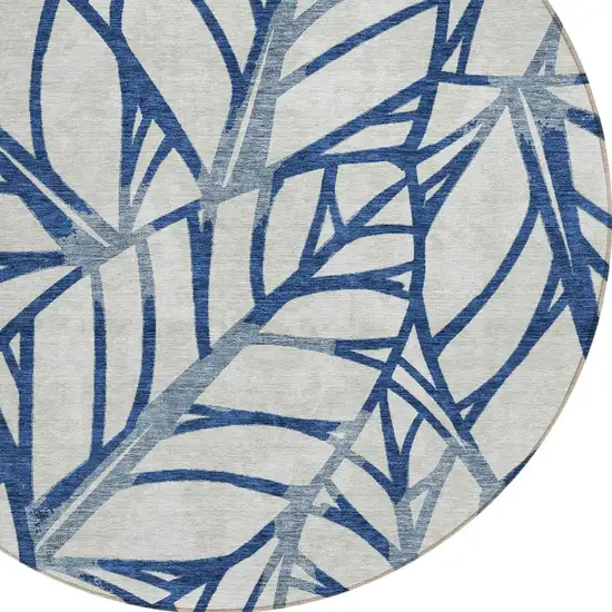 8' Navy Blue And Beige Round Floral Washable Indoor Outdoor Area Rug Photo 4