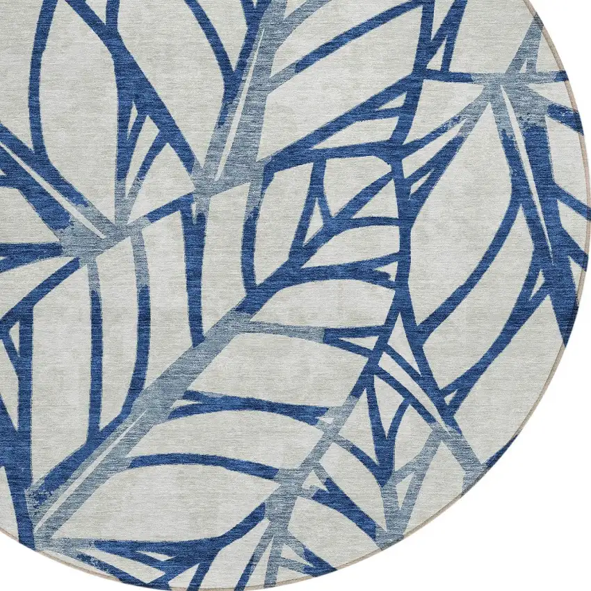 8' Navy Blue And Beige Round Floral Washable Indoor Outdoor Area Rug Photo 4