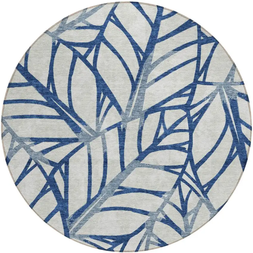 8' Navy Blue And Beige Round Floral Washable Indoor Outdoor Area Rug Photo 5