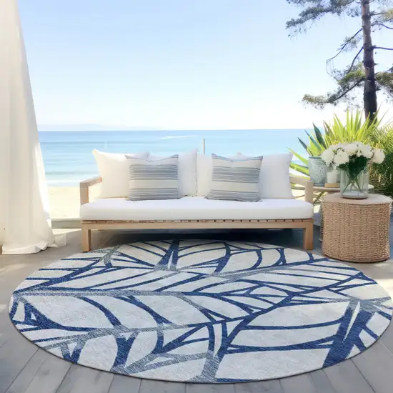 8' Navy Blue And Beige Round Floral Washable Indoor Outdoor Area Rug Photo 6