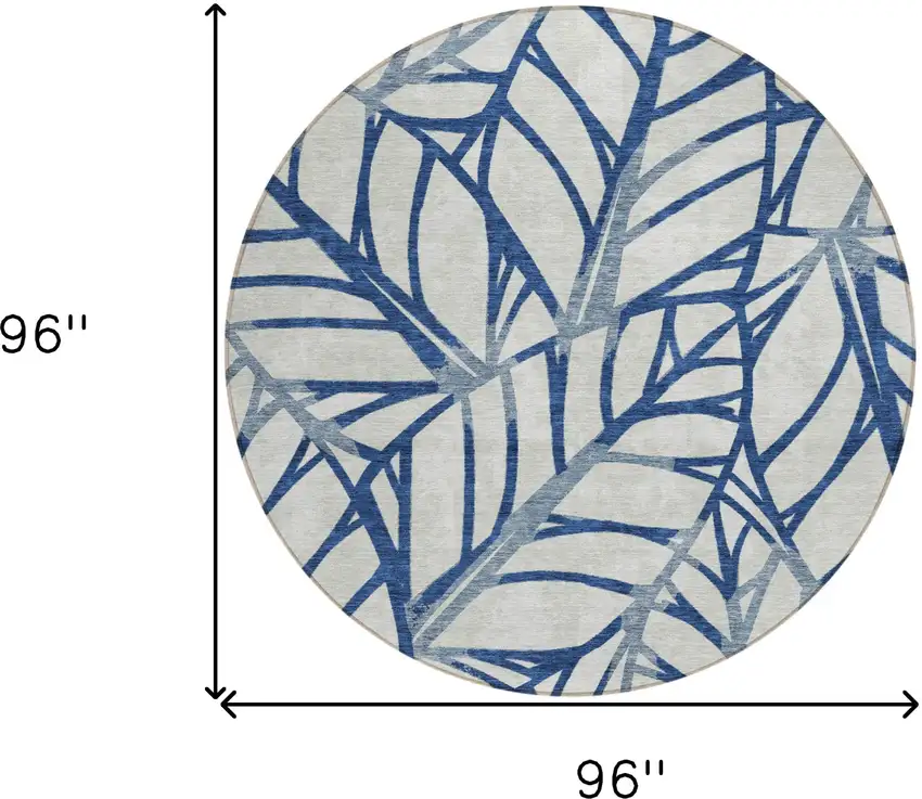 8' Navy Blue And Beige Round Floral Washable Indoor Outdoor Area Rug Photo 3