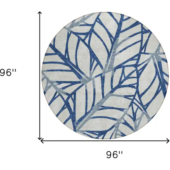 8' Navy Blue And Beige Round Floral Washable Indoor Outdoor Area Rug Photo 3