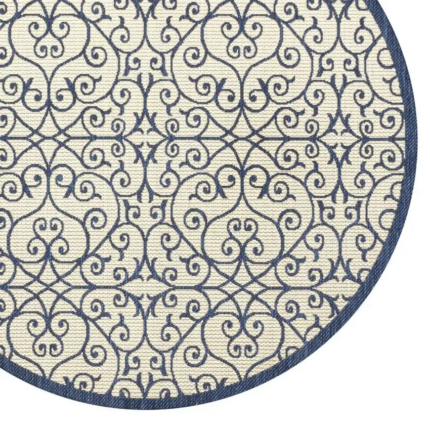 5' Navy Blue And Beige Round Geometric Indoor Outdoor Area Rug Photo 2