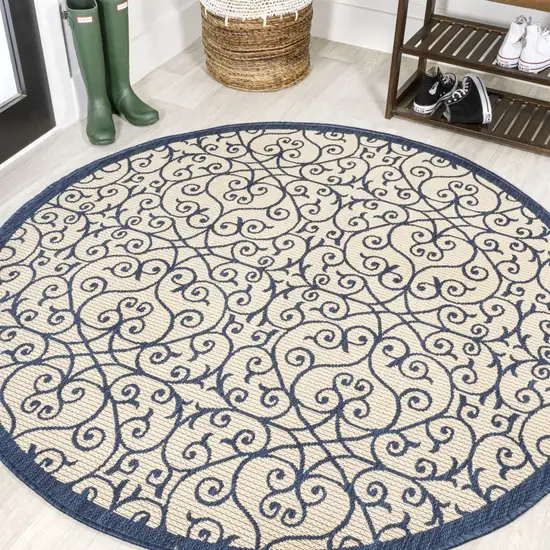 5' Navy Blue And Beige Round Geometric Indoor Outdoor Area Rug Photo 4