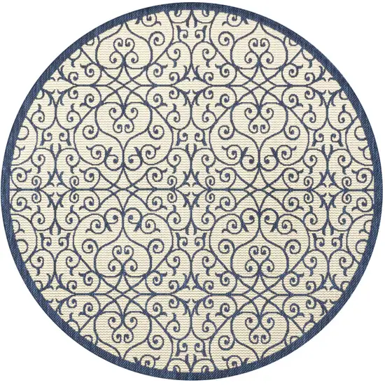 5' Navy Blue And Beige Round Geometric Indoor Outdoor Area Rug Photo 1