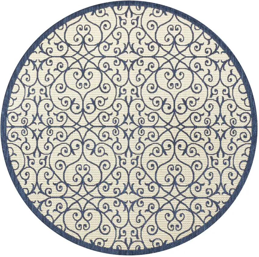 5' Navy Blue And Beige Round Geometric Indoor Outdoor Area Rug Photo 1