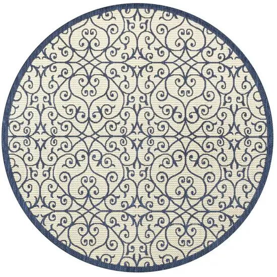 5' Navy Blue And Beige Round Geometric Indoor Outdoor Area Rug Photo 3