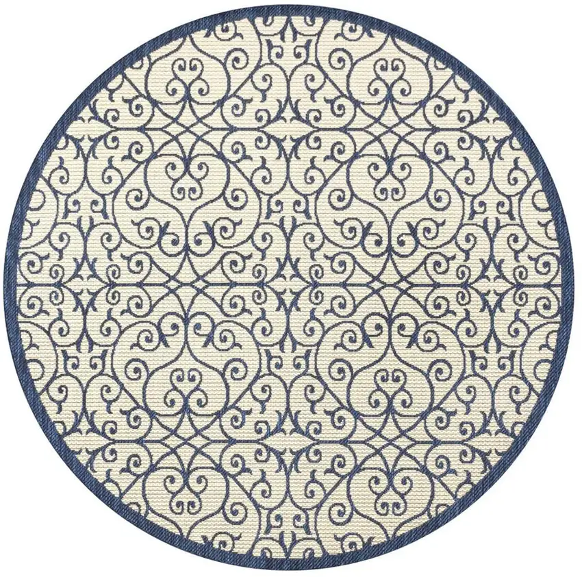 5' Navy Blue And Beige Round Geometric Indoor Outdoor Area Rug Photo 3