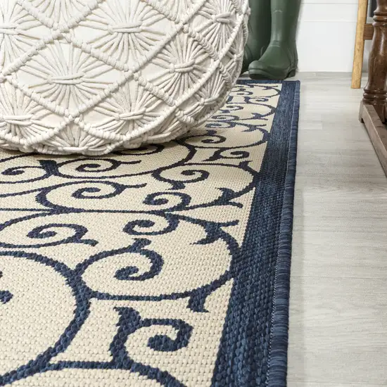 5' Navy Blue And Beige Round Geometric Indoor Outdoor Area Rug Photo 8