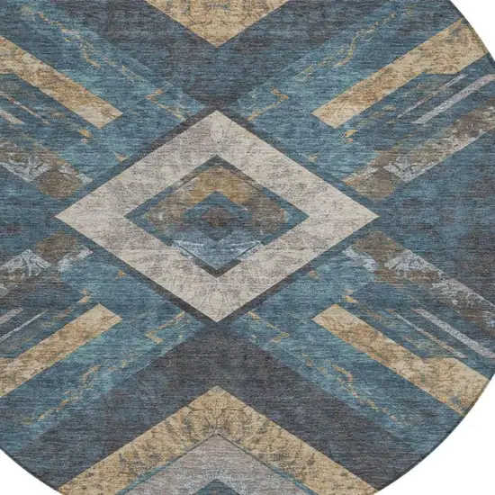 8' Navy Blue And Beige Round Geometric Washable Indoor Outdoor Area Rug Photo 9