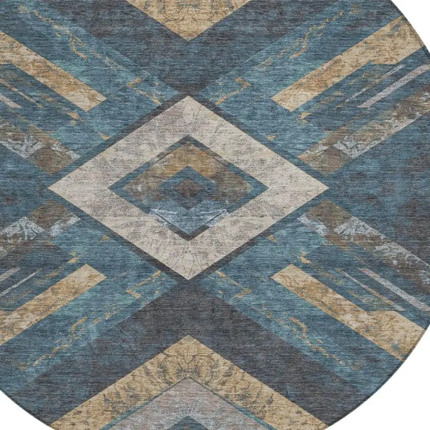 8' Navy Blue And Beige Round Geometric Washable Indoor Outdoor Area Rug Photo 9