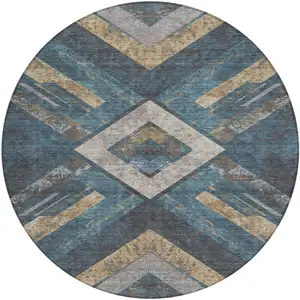 Photo of 8' Navy Blue And Beige Round Geometric Washable Indoor Outdoor Area Rug