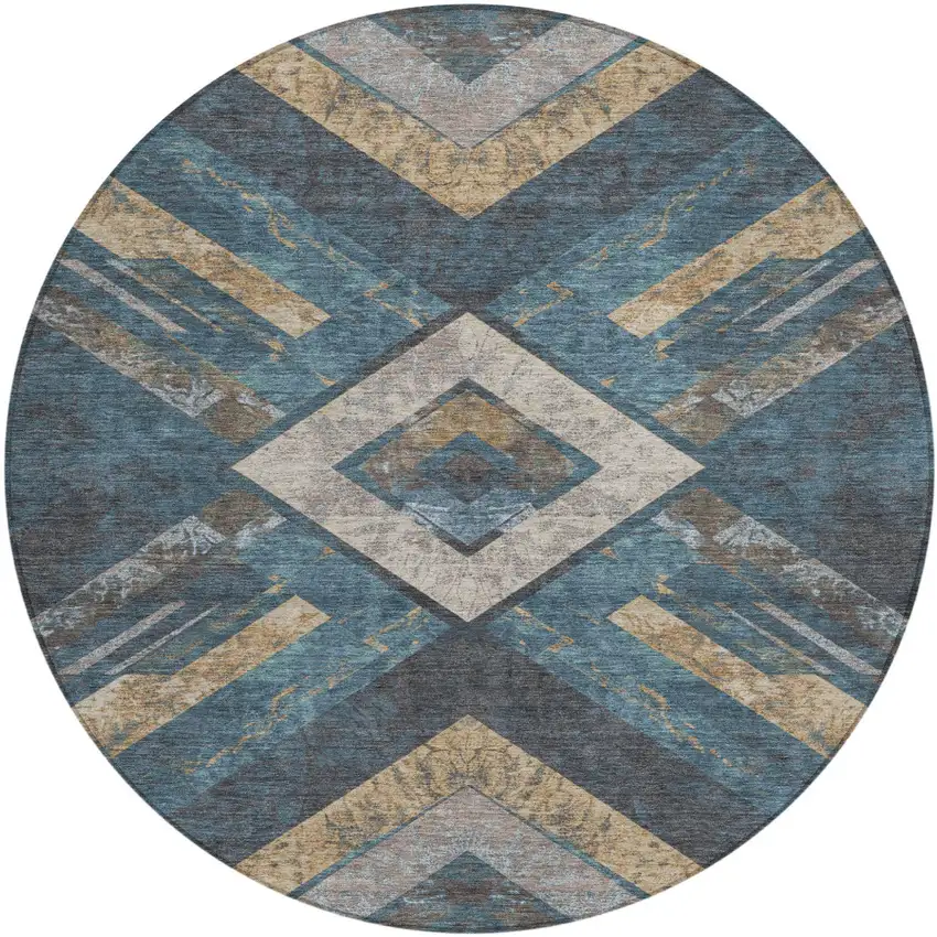 8' Navy Blue And Beige Round Geometric Washable Indoor Outdoor Area Rug Photo 1